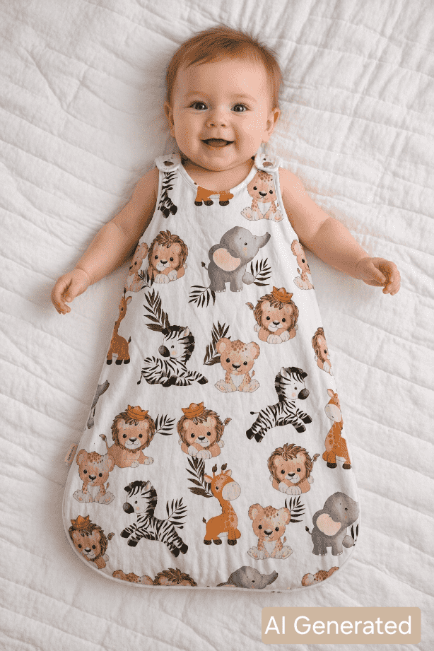 Illustrated image of a baby in a fleece sleep sack