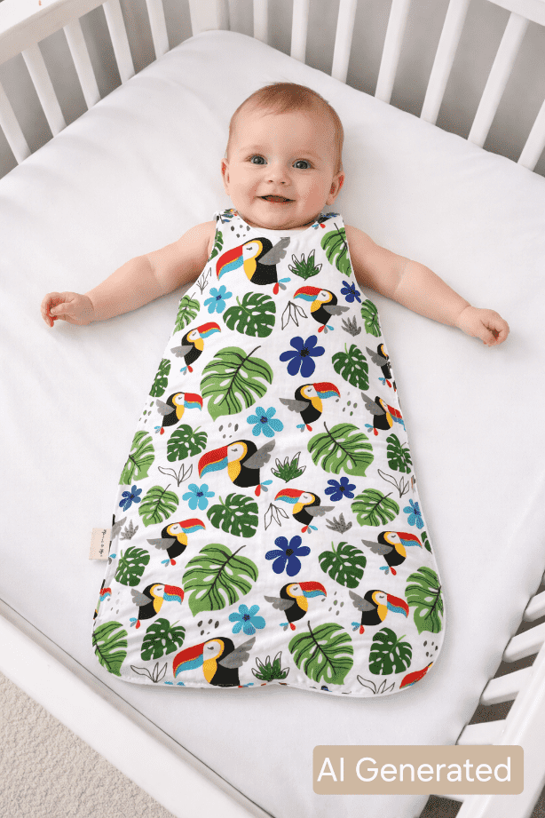 Illustrated image of a baby in a muslin sleep sack